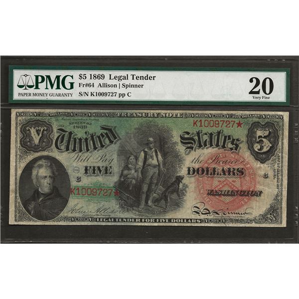 USA Fr. 64 1869 $5 Rainbow VF20 PMG