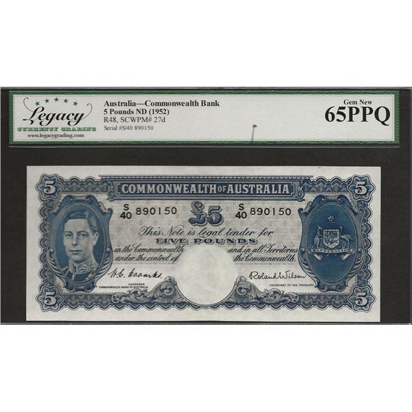 Australia 27d 1952 5 Pounds GEM65 PPQ LCG