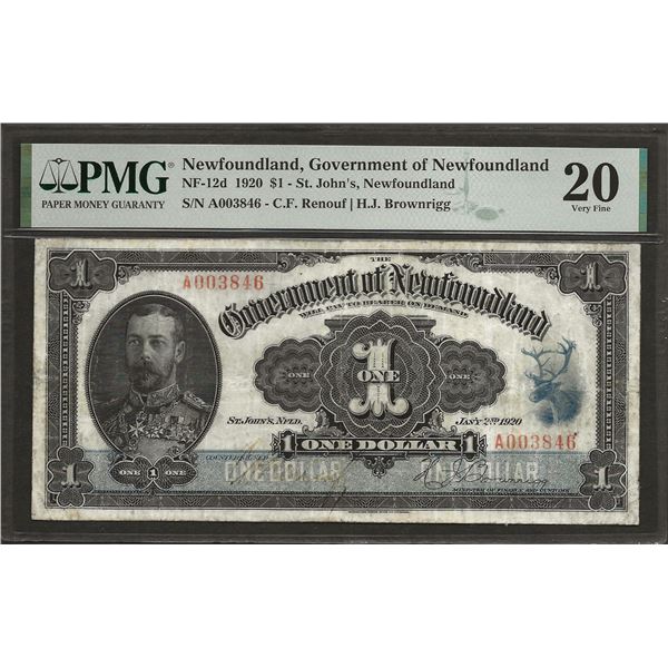 Newfoundland NF-12d 1920 $1 VF20 PMG