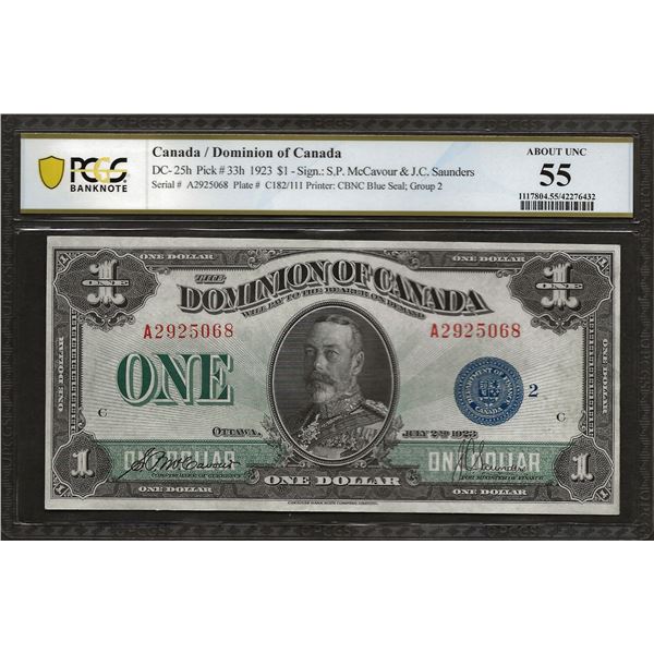 Canada DC-25h 1923 $1 AU55 PCGS