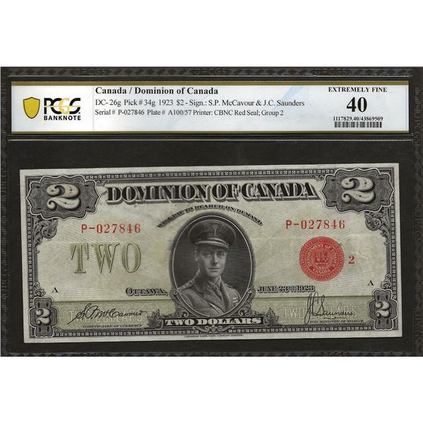 Canada DC-26g 1923 $2 EF40 PCGS