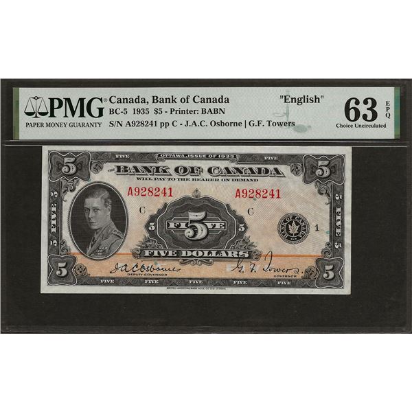 Canada BC-5 1935 $5 UNC63 EPQ PMG