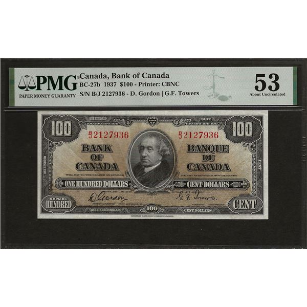 Canada BC-27b 1937 $100 AU53 PMG