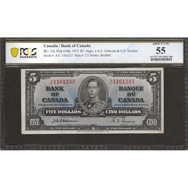 Canada BC-23a 1937 $5 Osborne AU55 PCGS