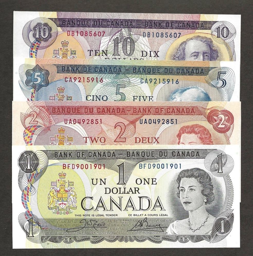 Canadian Banknotes Examples Set of 4 notes $1-$10 Canada 1971-1974 UNC+