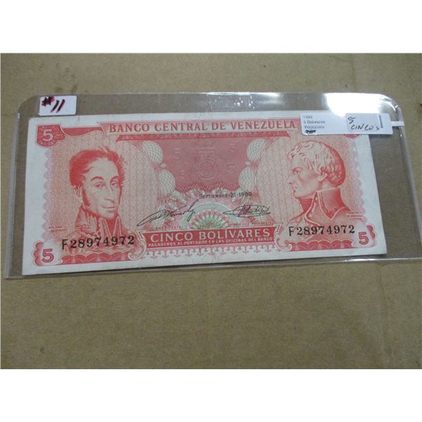 1989 BANK OF VENEZUELA CINCO BOUVARES BANK NOTE