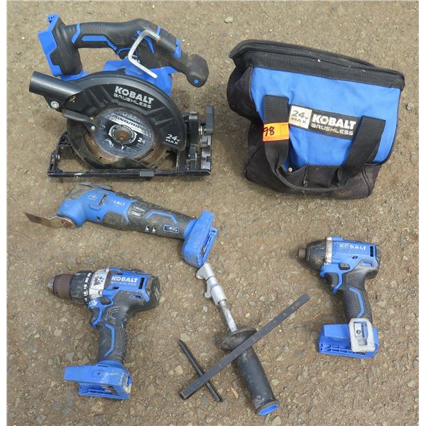 Multiple Kobalt Tools in Bag: Circular Saw, Reciprocating Saw, Drills, etc