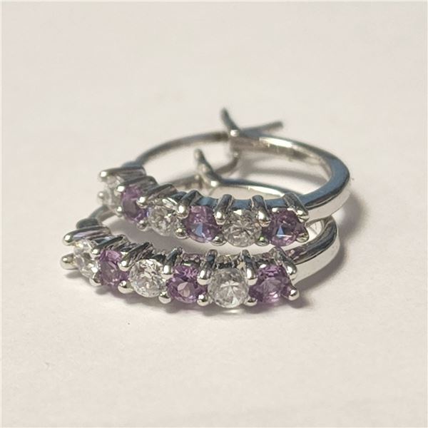 SILVER CREATED ALEXANDRITE AND CZ HOOP EARRINGS