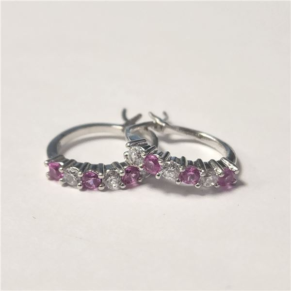 SILVER CREATED PINK SAPPHIRE HOOP EARRINGS