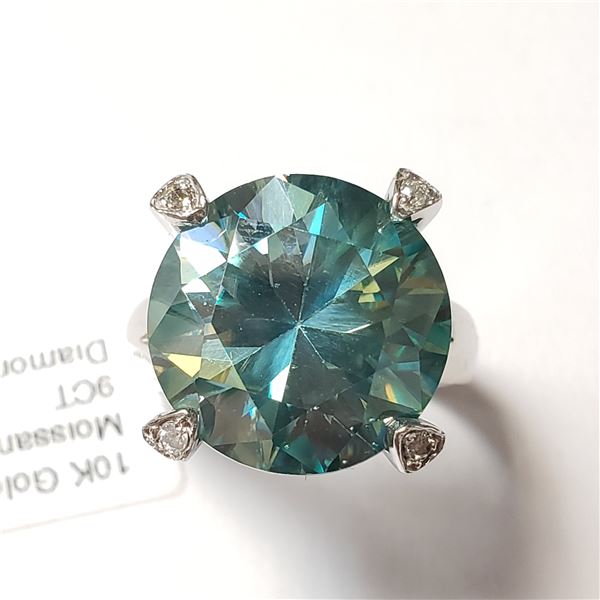 10K  VIVID GREENISH BLUE MOISSANITE(9CT) DIAMOND(0.03CT) RING SIZE 6.25
