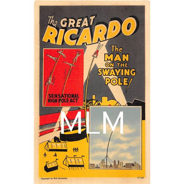 Linen Advertising "The Great Ricardo" High Pole Act Postcard