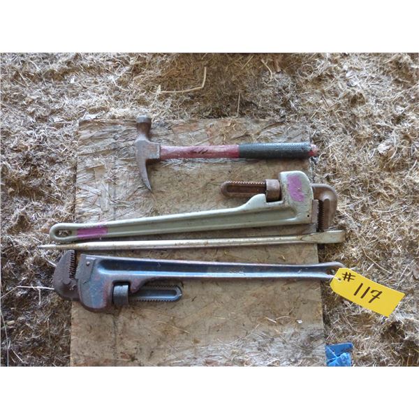 2- Pipe Wrenches (1 is Alum.) Bar and Hammer