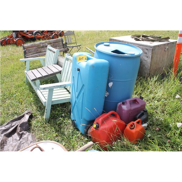 Wooden Bench, Blue Barrel, Blue Water Tank and Jerry Cans