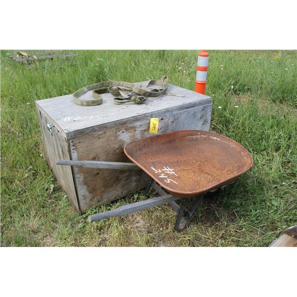 Wooden Box. Wheel Barrow and Pylon