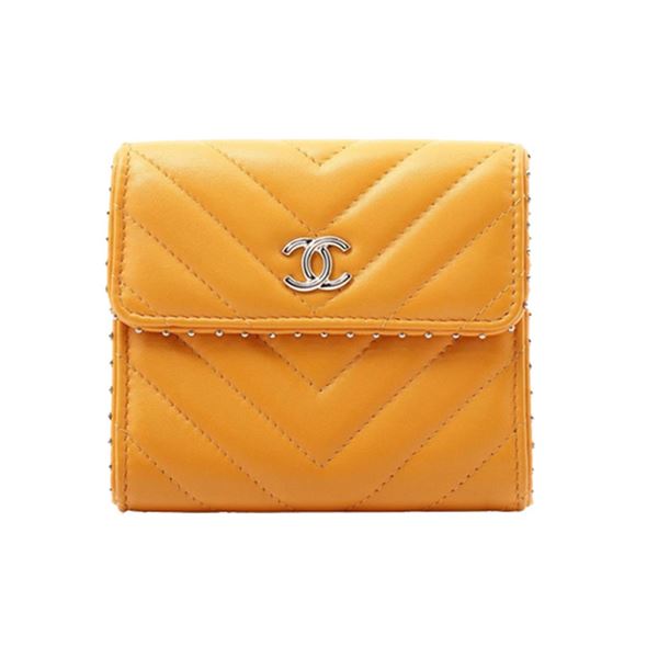 Chanel Yellow Quilted Chevron Leather CC Studs Trifold Wallet