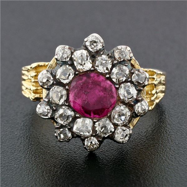 Antique 14k Gold & Silver GIA Certified Burma No Heat Ruby Diamond Cocktail Ring