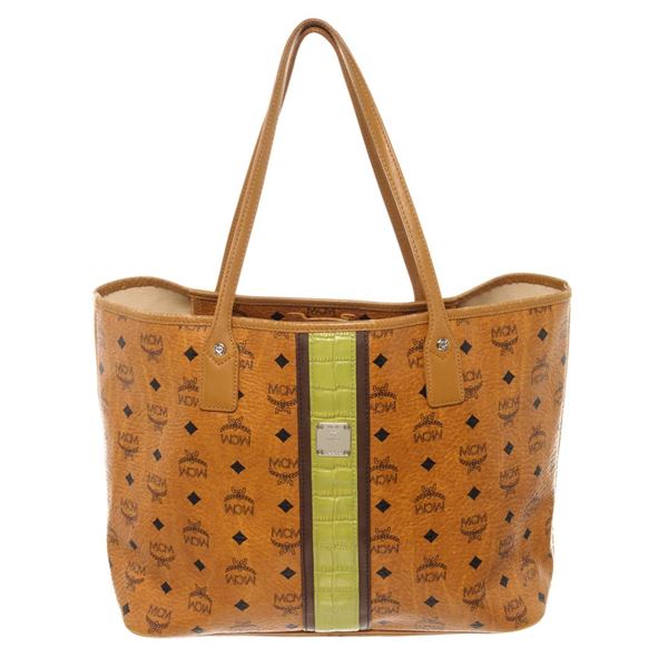 MCM Cognac Monogram Visetos Canvas Leather Green Rudic Tote Bag