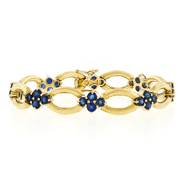 Vintage 18k Gold 8.0 ctw Royal Blue Sapphire Cluster Open Marquise Link Bracelet