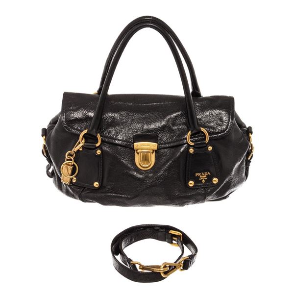 Prada Black Leather Gold-tone Push Lock 2Way Bag