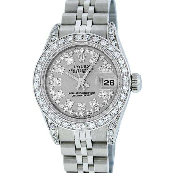 Rolex Ladies Stainless Steel Quickset Slate Grey Diamond Lugs Datejust Wristwatc