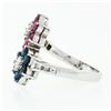 Image 6 : Estate 14k White Gold Round Sapphire Ruby & Diamond Flower Cluster Bypass Ring