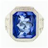 Image 4 : Antique 14k White Gold Large Rectangle Blue Stone Hand Engraved Statement Ring