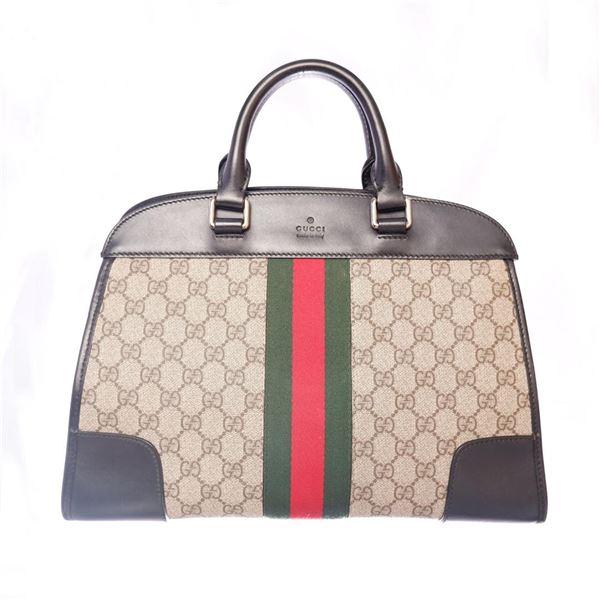 Gucci Beige GG Supreme Canvas Leather Web Trapezoid Handbag