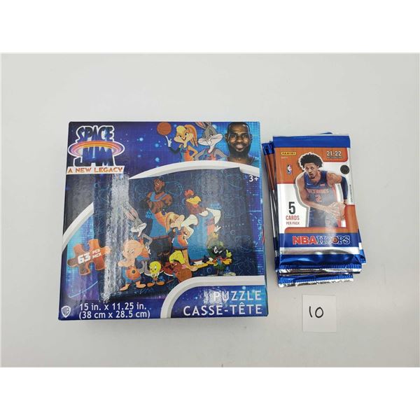 New Space Jam 63 Pc Puzzle & Panini 2021/22 NBA Hoops Trading Cards Lot of 10 Packs of 5 cards