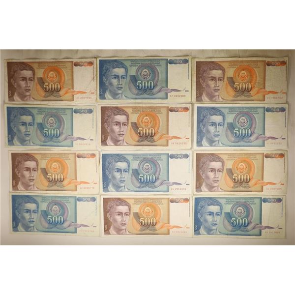 12 YUGOSLAVIAN BILLS 6-1990-500 DINARA & 6-1991