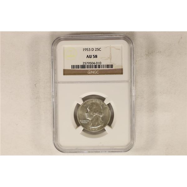 1953-D WASHINGTON SILVER QUARTER NGC AU58