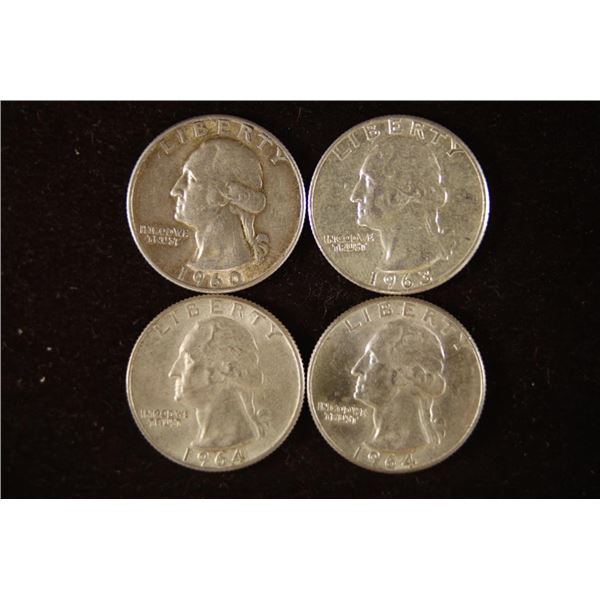 1960-D, 1963 & 2-1964-D WASHINGTON SILVER QUARTERS