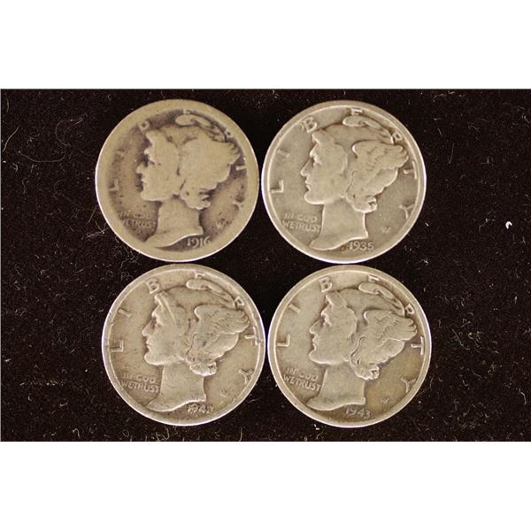 1916-S, 1935, 1942-D & 1943-S  SILVER MERCURY DIME