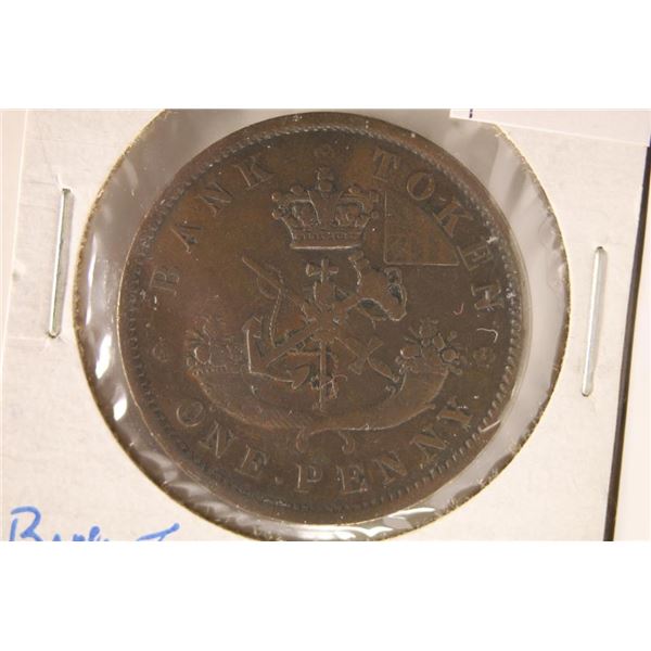 1852 BANK OF UPPER CANADA ONE PENNY BANK TOKEN