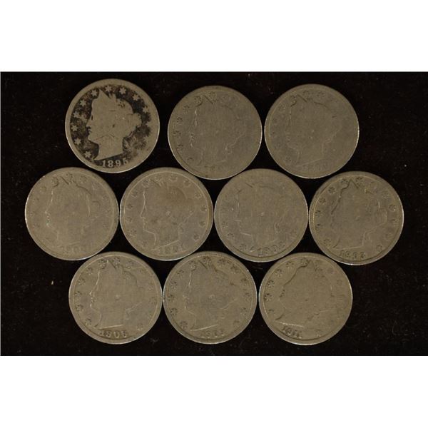 10 LIBERTY "V" NICKELS. DATE RANGE 1895-1911