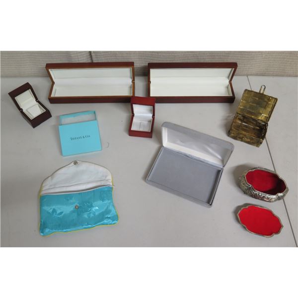 Qty Approx. 9 Jewelry Containers: Tiffany Box, Embroidered Pouch, Metal w/ Lid, etc