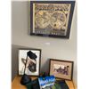 Image 1 : 3 x Framed Photos (Atlas, Dog Print, Vintage Photograph), Road Atlas, Leather FIle Folders, and More