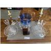 Image 1 : 2 x Glass Wine Decanters, 2 x Candle Sticks, Glass Pitcher, and Decorative Flask (Needs Cleaning)