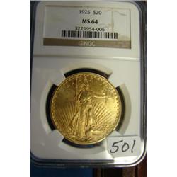 1925 $20 St. Gaudens Gold Coin NGC MS64