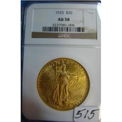 1925 $20 St. Gaudens Gold Coin NGC AU58