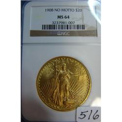 1908 No Motto $20 St. Gaudens Gold Coin NGC MS64