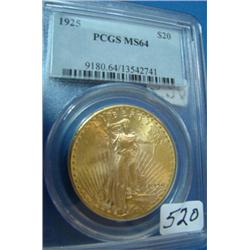 1925 $20 St. Gaudens Gold Coin PCGS MS64