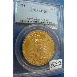1924  $20 St. Gaudens Gold Coin PCGS MS65