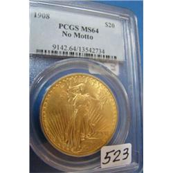 1908 No Motto $20 St. Gaudens Gold Coin PCGS MS64