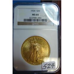 1924  $20 St. Gaudens Gold Coin NGC MS64