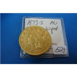 1873-S $20.00 Liberty Gold Coin AU Wiped