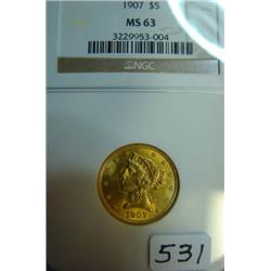 1907 $5 Liberty Gold Coin NGC MS63