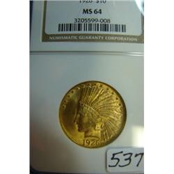 1926 $10 Indian Head Gold Coin NGC MS64