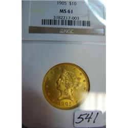 1905 $10 Liberty Gold Coin NGC MS61