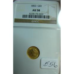 1853 $1.00 Liberty $1.00 Gold Coin NGC AU 58