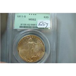 1911-S $20.00 Saint Gaudens Gold Coin PCGS MS 62